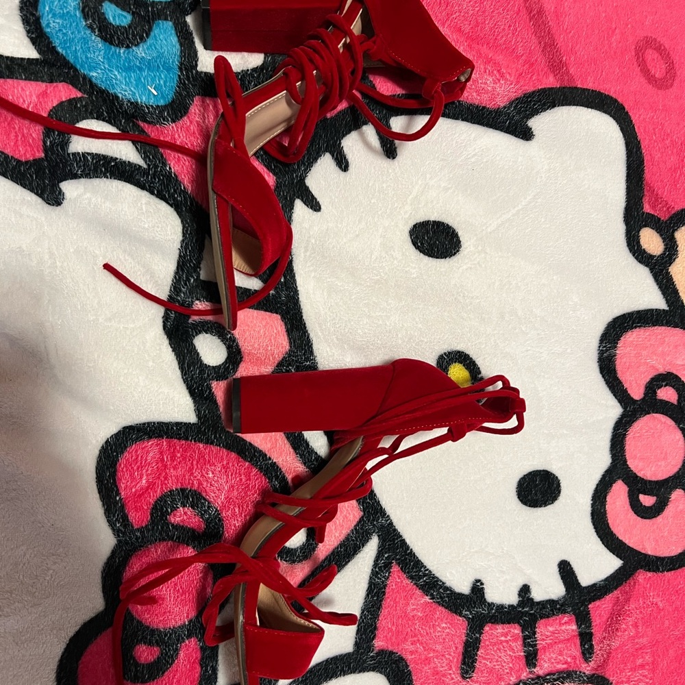 Red Lace-Up Block Heel Sandals